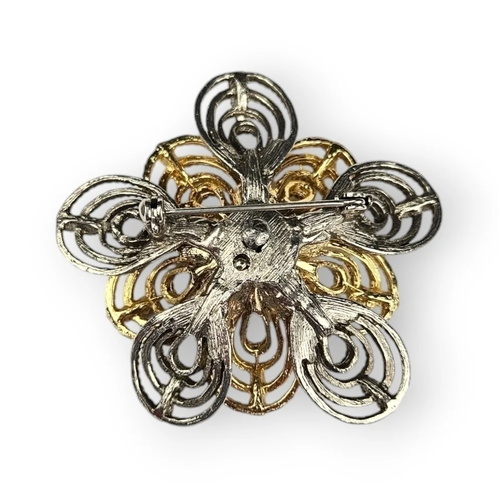 Vintage Flower Brooch Layered Petal Textured Two Tone Gold Silver Tone 2 3/8